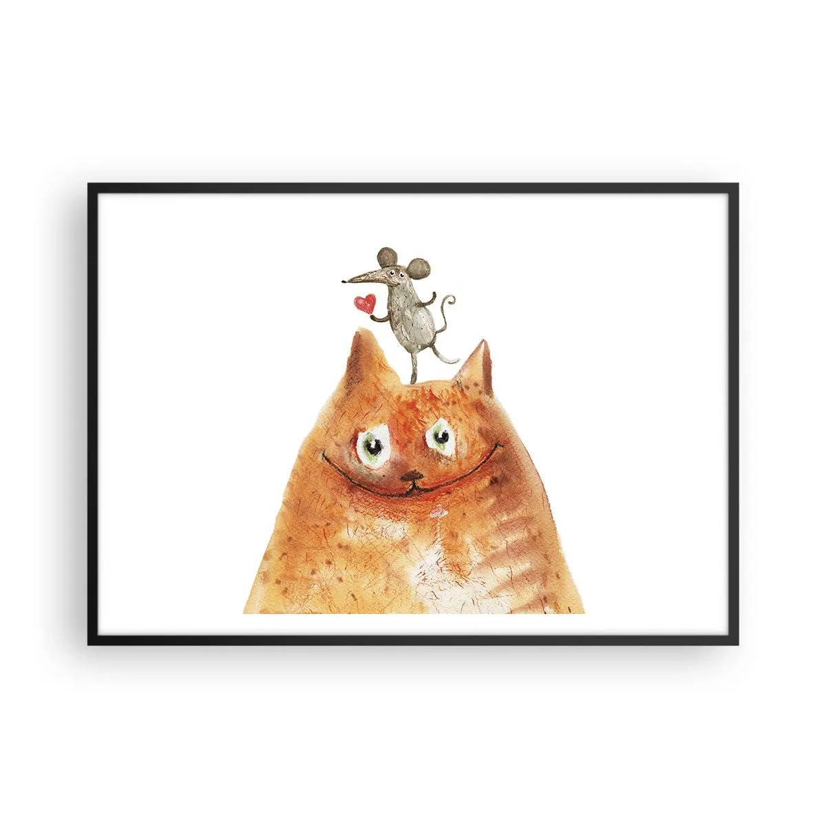 Poster in einem schwarzem Rahmen - Eine Zeichnung einer Katze mit einer Maus auf dem Kopf, die ein Herz hält - 100x70cm - Paradoxien der Liebe - Moderne Wanddekoration für Wohnzimmer und Schlafzimmer ARTTOR
