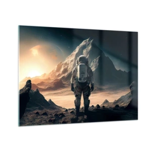 Glasbild - Bild auf glas - Astronaut auf einem fremden Planeten mit einer bergigen Landschaft - 70x50cm - Neue Herausforderung - Moderne Wanddekoration für Wohnzimmer und Schlafzimmer ARTTOR