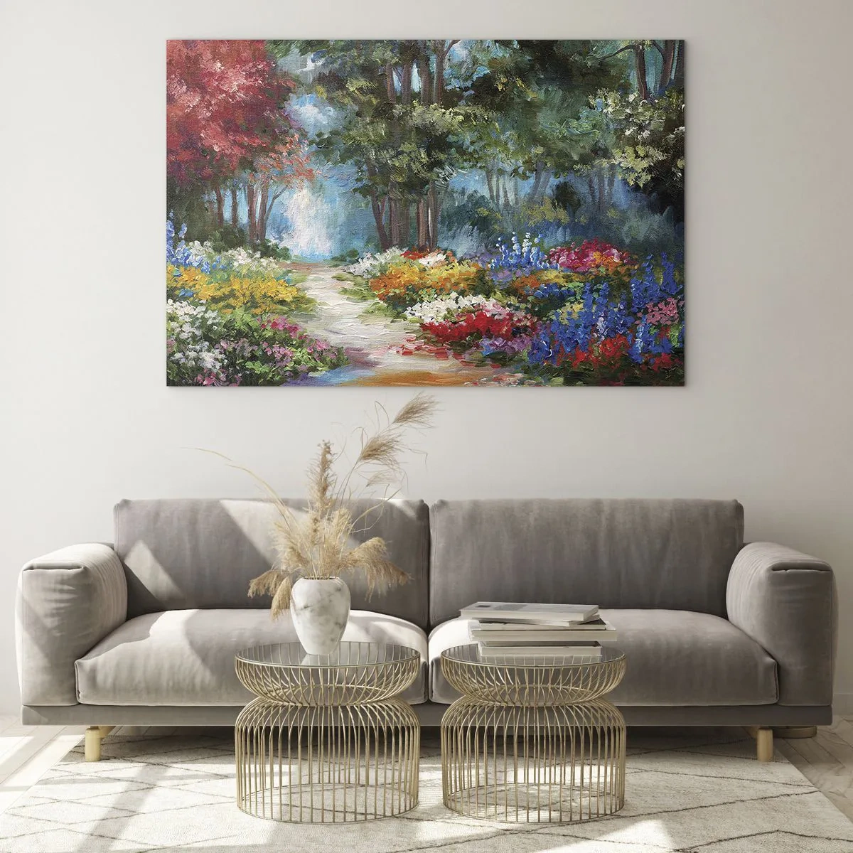 Glasbild - Bild auf glas - Ein farbenfroher Waldgarten mit blühenden Blumen - 70x50cm - Waldgarten, Blumenwald - Moderne Wanddekoration für Wohnzimmer und Schlafzimmer ARTTOR