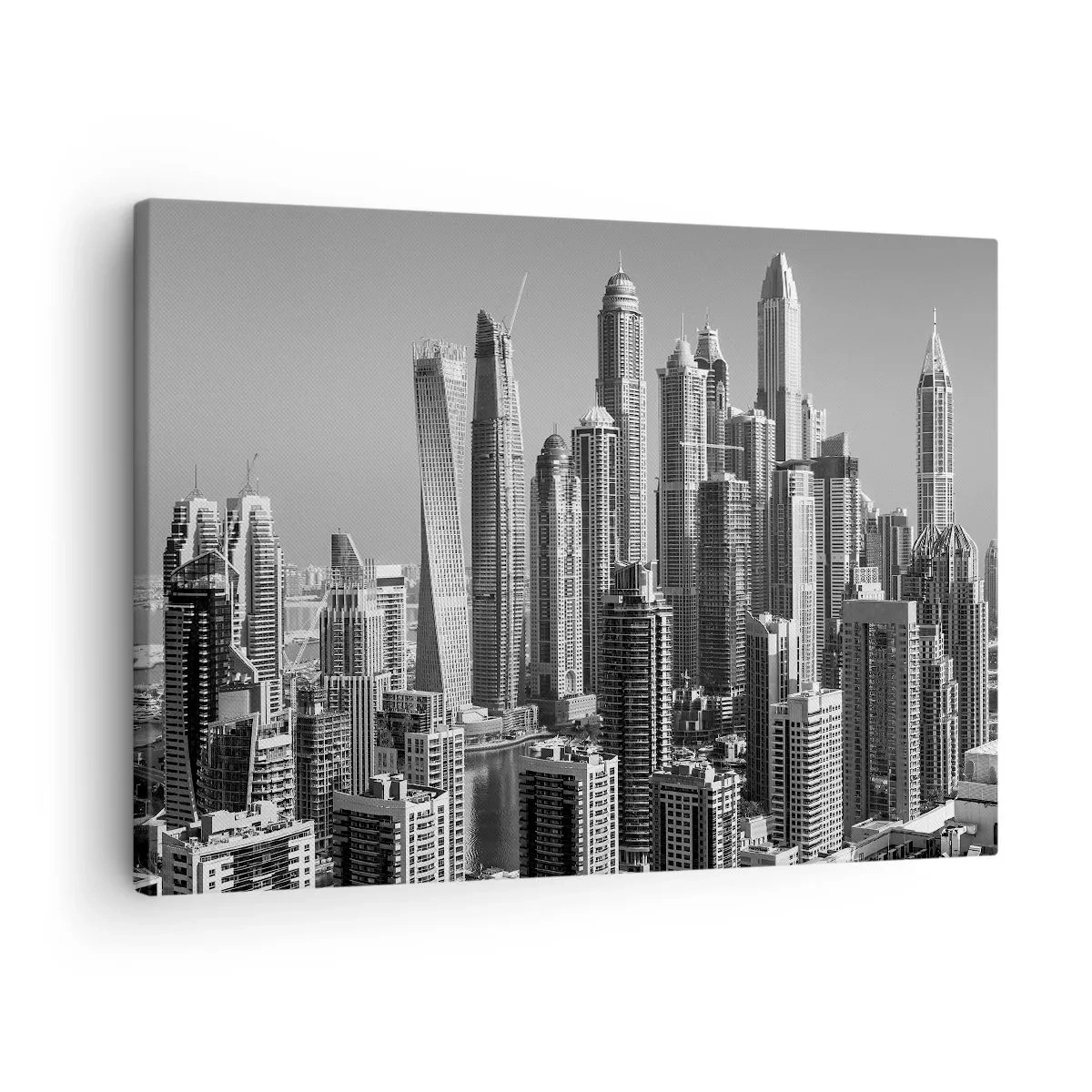 Bild auf Leinwand - Leinwandbild - Panorama moderner Wolkenkratzer in monochromen Tönen - 70x50cm - Stadt in der Wüste - Moderne Wanddekoration für Wohnzimmer und Schlafzimmer ARTTOR