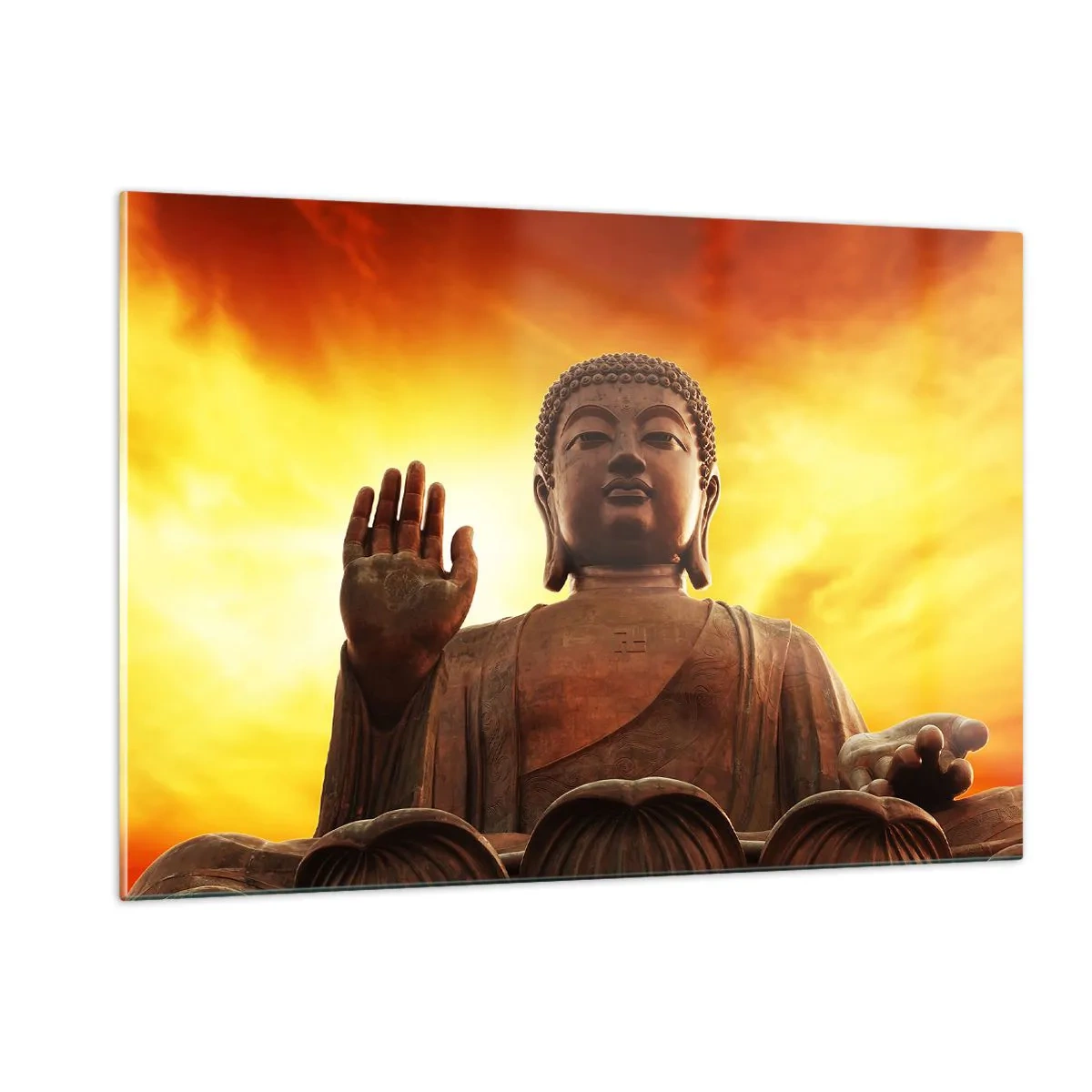 Glasbild - Bild auf glas - Eine Buddha-Statue vor dem Hintergrund eines goldenen Sonnenuntergangs - 120x80cm - Frieden der Welt - Moderne Wanddekoration für Wohnzimmer und Schlafzimmer ARTTOR