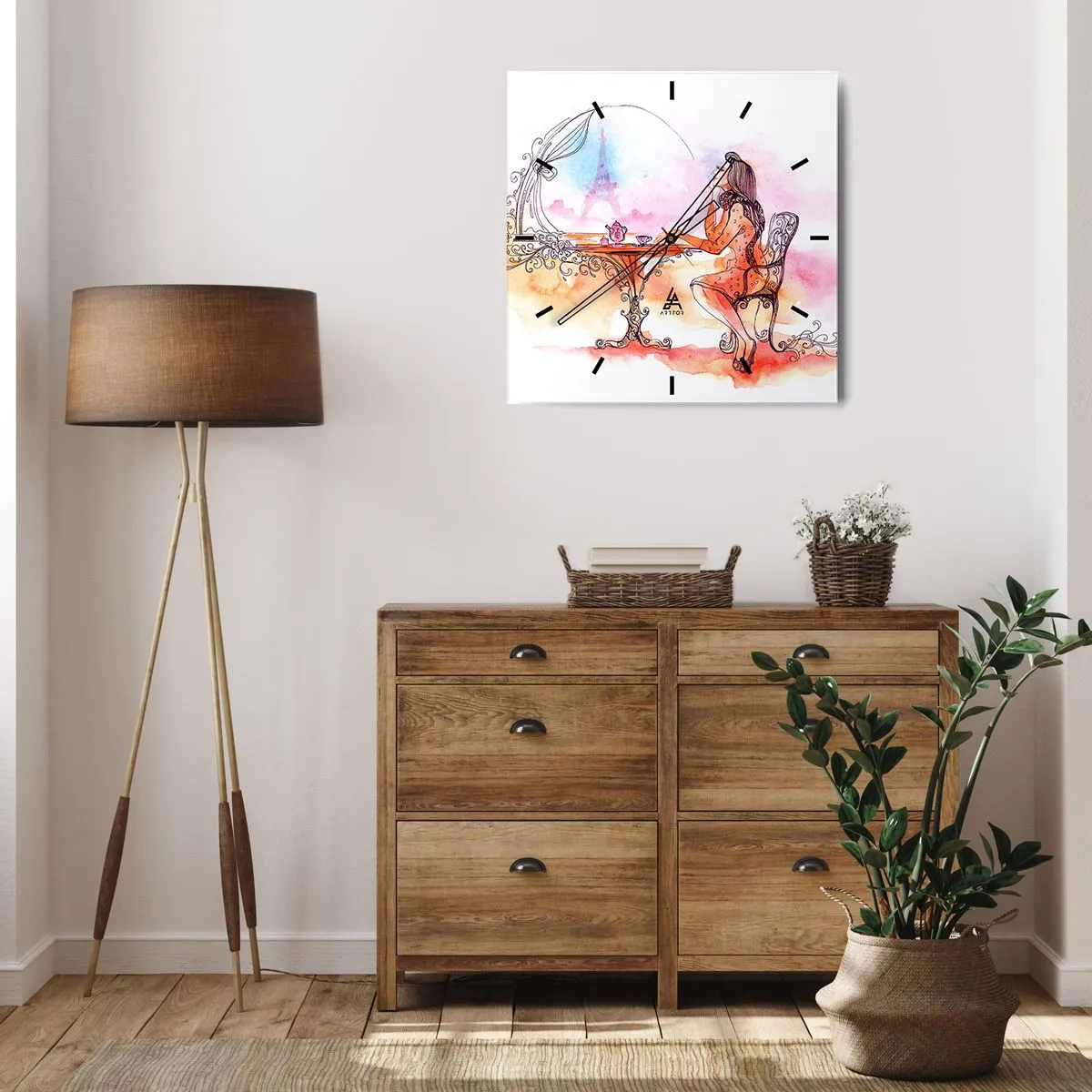 Wanduhr - Glasuhr - Romantisches Aquarell einer Frau in einem Café mit Blick auf einen Turm - 30x30cm - Pariser Chic - Moderne Wanddekoration für Wohnzimmer und Schlafzimmer ARTTOR