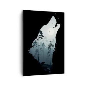 Bild auf Leinwand - Leinwandbild - Silhouette eines Wolfes mit Wald und Mond im Hintergrund - 50x70cm - Die Stimme der Waldnacht - Moderne Wanddekoration für Wohnzimmer und Schlafzimmer ARTTOR