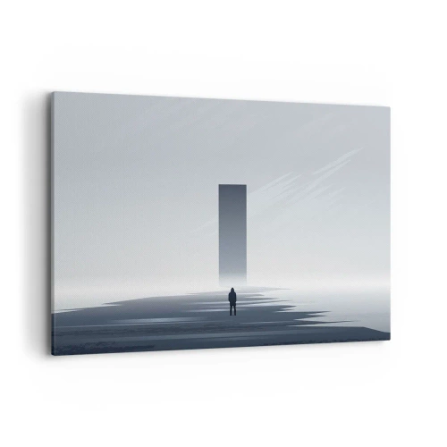 Bild auf Leinwand - Leinwandbild - Eine minimalistische Landschaft mit einer Silhouette neben einem rechteckigen Monolithen - 100x70cm - Chance oder Bedrohung? - Moderne Wanddekoration für Wohnzimmer und Schlafzimmer ARTTOR