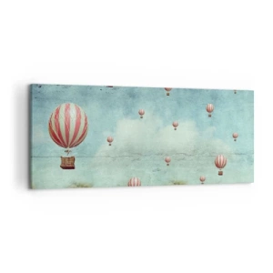 Bild auf Leinwand - Leinwandbild - Retro-Ballons vor blauem Himmel und grünem Hintergrund - 120x50cm - Frei von der Hektik des Lebens - Moderne Wanddekoration für Wohnzimmer und Schlafzimmer ARTTOR