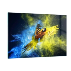 Glasbild - Bild auf glas - Ein bunter Papagei im Flug vor einem gelben und blauen Hintergrund - 120x80cm - Im blauen und goldenen Staub - Moderne Wanddekoration für Wohnzimmer und Schlafzimmer ARTTOR