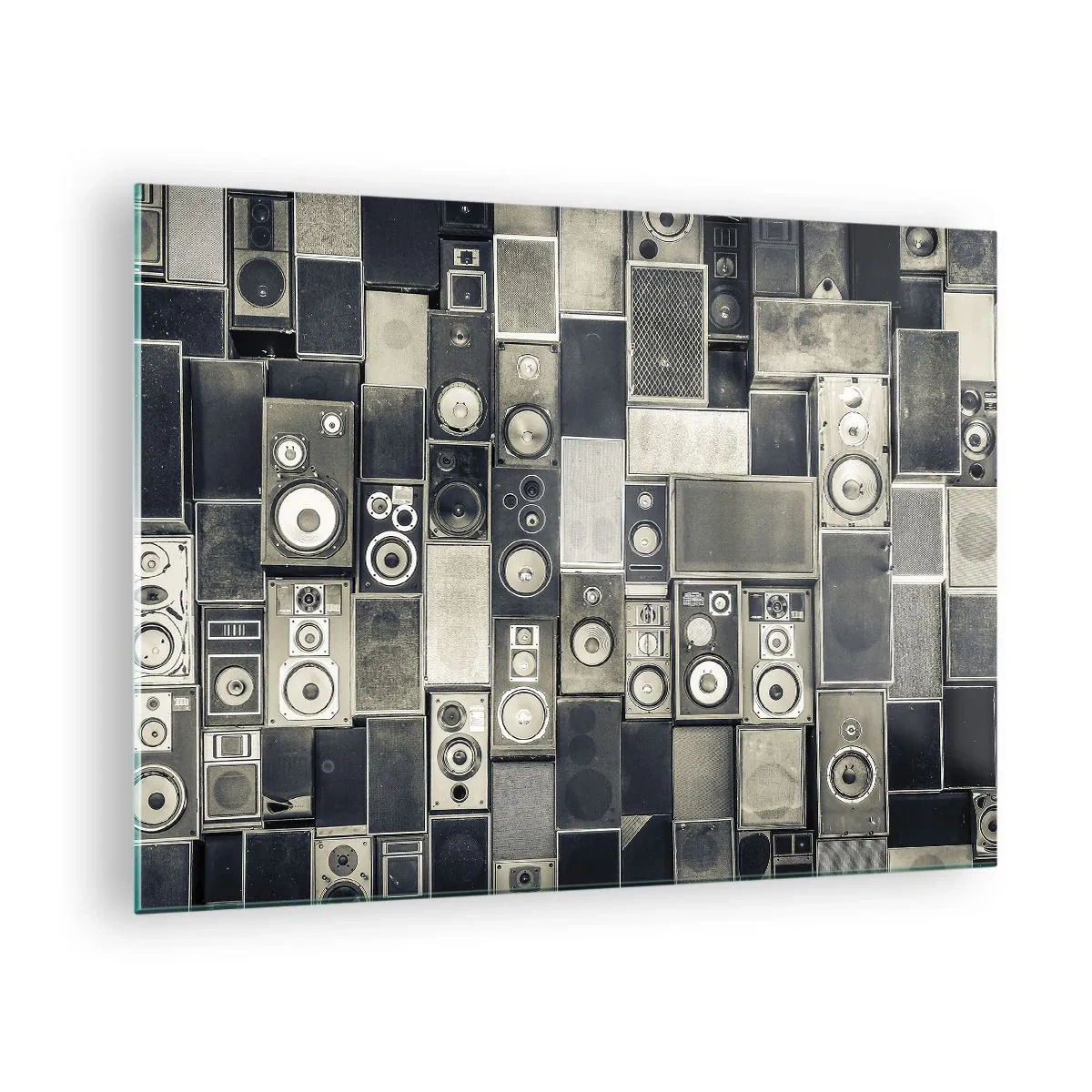 Glasbild - Bild auf glas - Eine Komposition aus Retro-Lautsprechern in Grautönen - 70x50cm - Und es ist alles in Ordnung - Moderne Wanddekoration für Wohnzimmer und Schlafzimmer ARTTOR
