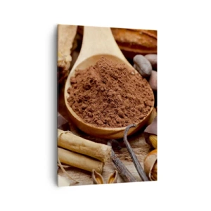 Bild auf Leinwand - Leinwandbild - Ein Löffel Kakao- und Schokoladenzutaten in einem rustikalen Arrangement - 70x100cm - Die Beste gegen Sorgen - Moderne Wanddekoration für Wohnzimmer und Schlafzimmer ARTTOR