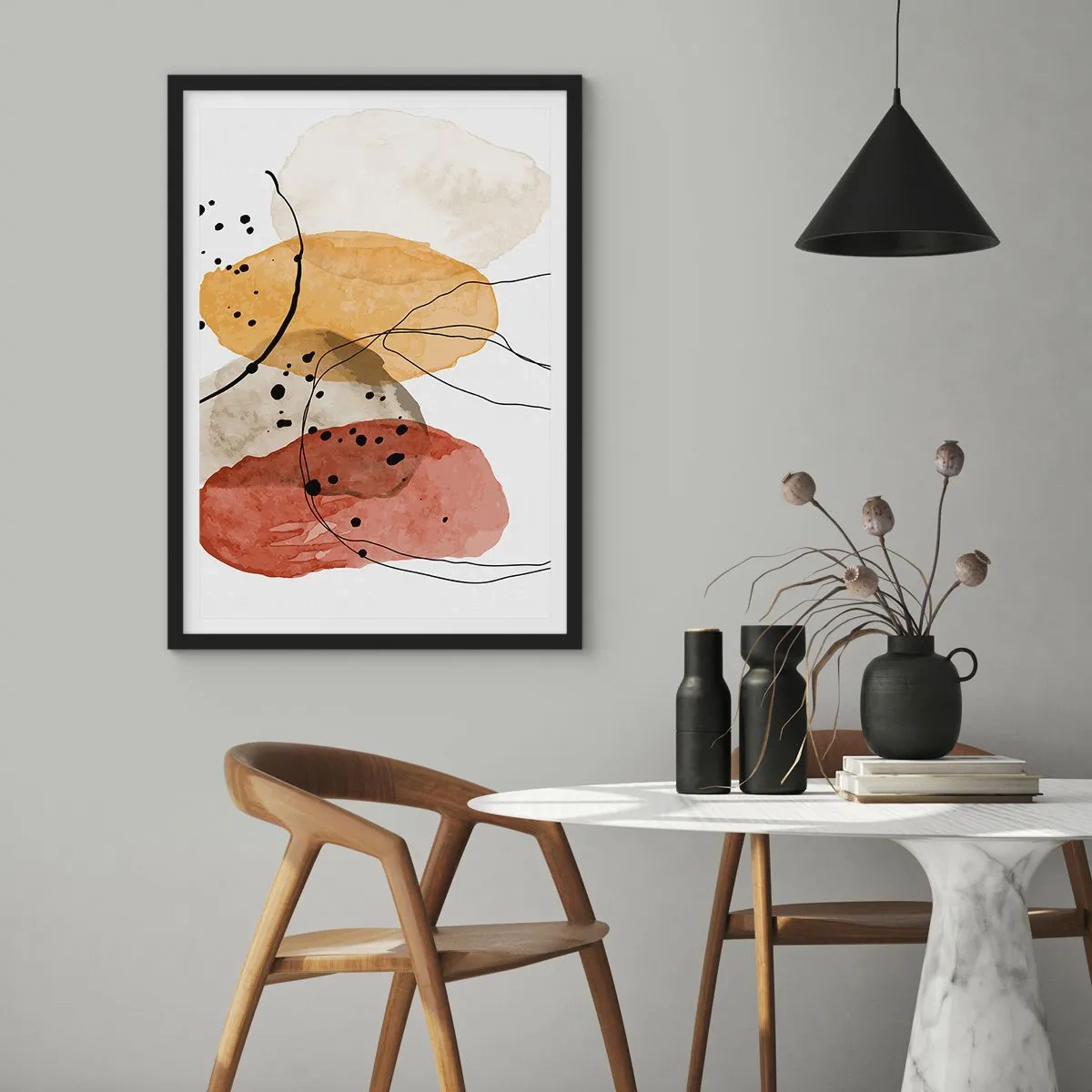 Poster in einem schwarzem Rahmen - Abstrakte Formen in Beige-, Gelb- und Rottönen - 50x70cm - Wie leichte, transparente Luft - Moderne Wanddekoration für Wohnzimmer und Schlafzimmer ARTTOR