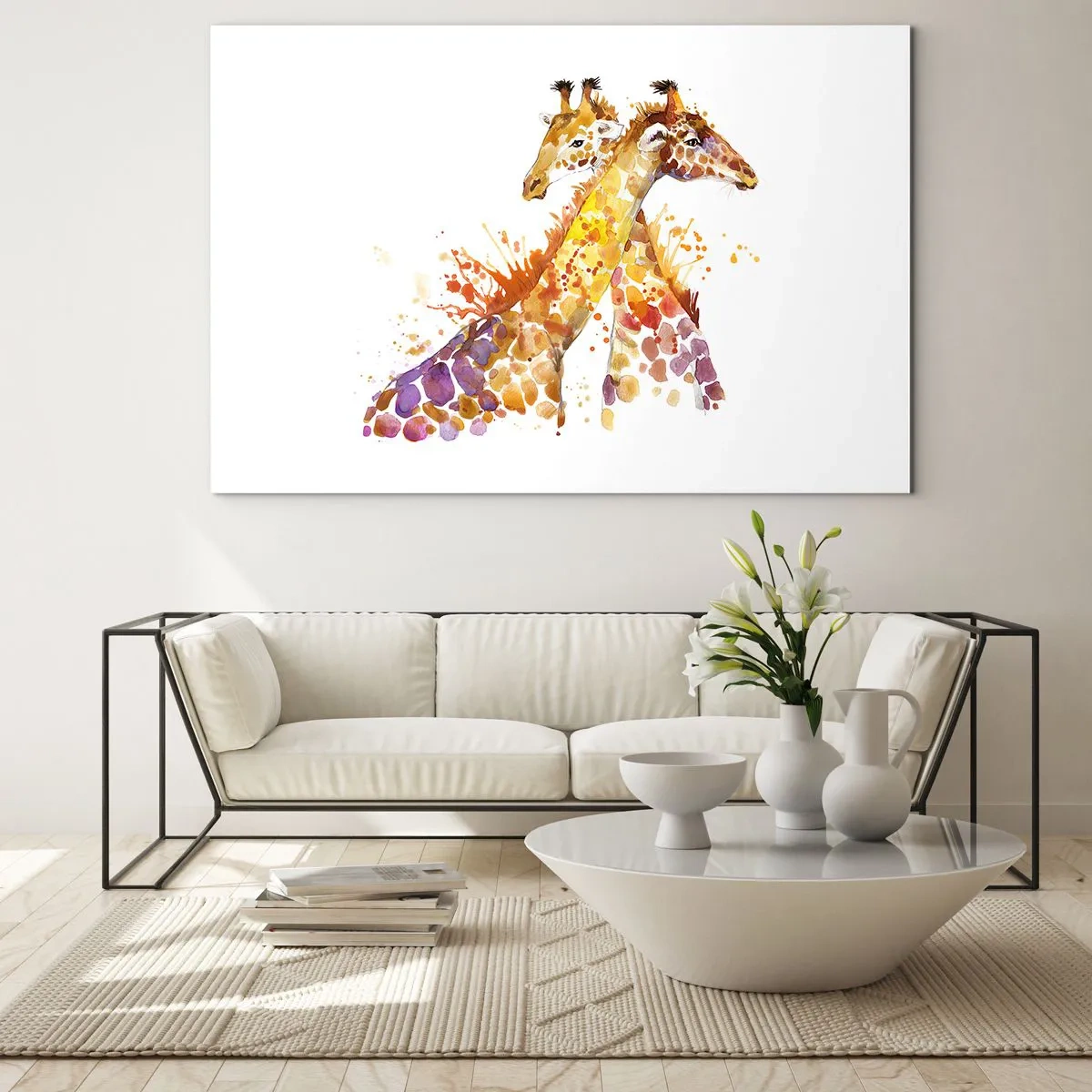 Glasbild - Bild auf glas - Künstlerische Giraffen im Aquarellstil auf weißem Hintergrund - 120x80cm - Ist es Freundschaft oder ist es Baby? - Moderne Wanddekoration für Wohnzimmer und Schlafzimmer ARTTOR