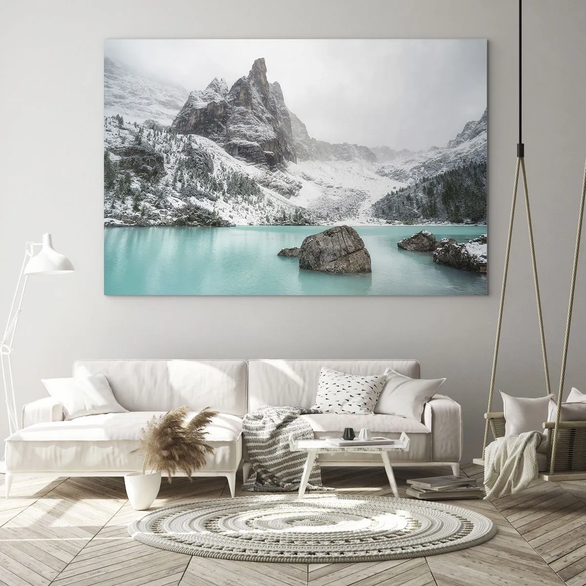 Glasbild - Bild auf glas - Winterlandschaft mit türkisfarbenem See - 120x80cm - Auf der Hut - Moderne Wanddekoration für Wohnzimmer und Schlafzimmer ARTTOR