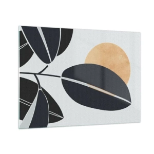 Glasbild - Bild auf glas - Stilisierte Blätter in Schwarz mit einer orangefarbenen Sonne im Hintergrund - 70x50cm - Heißer Sommertag - Moderne Wanddekoration für Wohnzimmer und Schlafzimmer ARTTOR