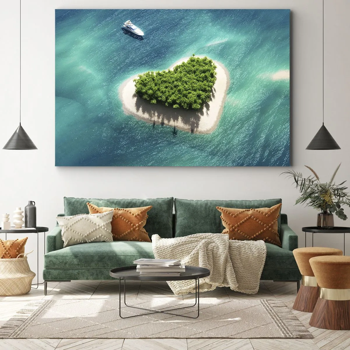 Bild auf Leinwand - Leinwandbild - Eine romantische herzförmige Insel in einem türkisfarbenen Meer - 100x70cm - ich liebe Sommer - Moderne Wanddekoration für Wohnzimmer und Schlafzimmer ARTTOR