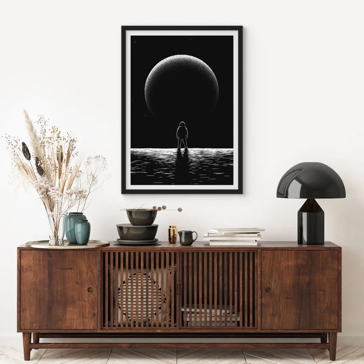Poster in einem schwarzem Rahmen - Ein Astronaut vor dem Hintergrund eines riesigen Planeten im Weltraum - 50x70cm - Angesicht zu Angesicht - Moderne Wanddekoration für Wohnzimmer und Schlafzimmer ARTTOR