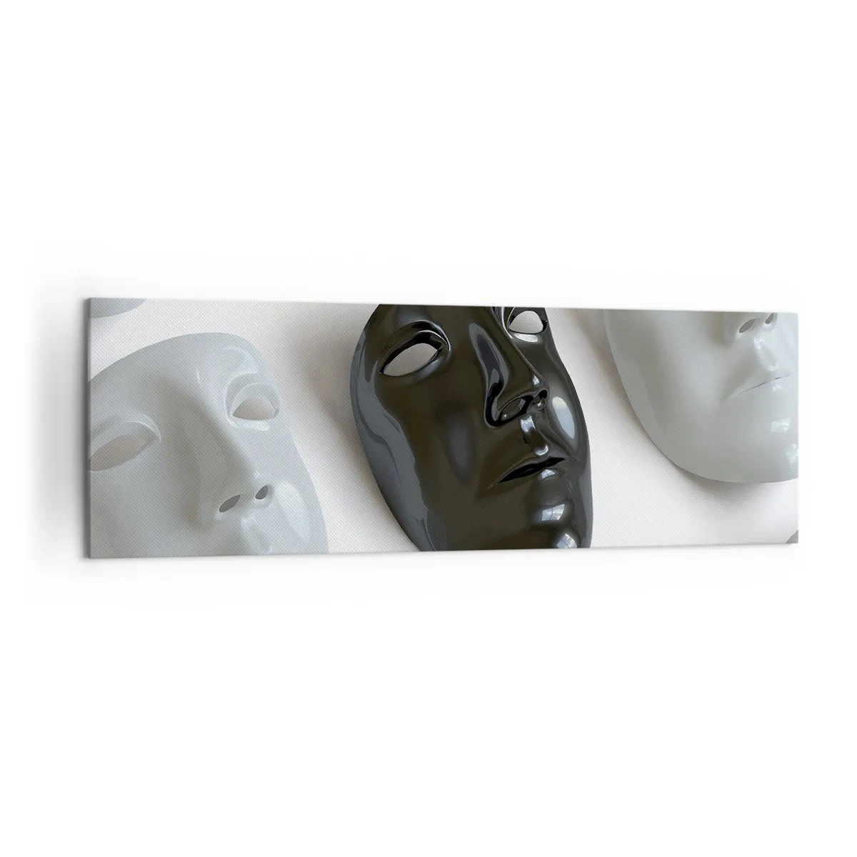 Bild auf Leinwand - Leinwandbild - Schwarz-weiße Masken auf hellem Hintergrund - 160x50cm - Wie hebt man sich ab? - Moderne Wanddekoration für Wohnzimmer und Schlafzimmer ARTTOR