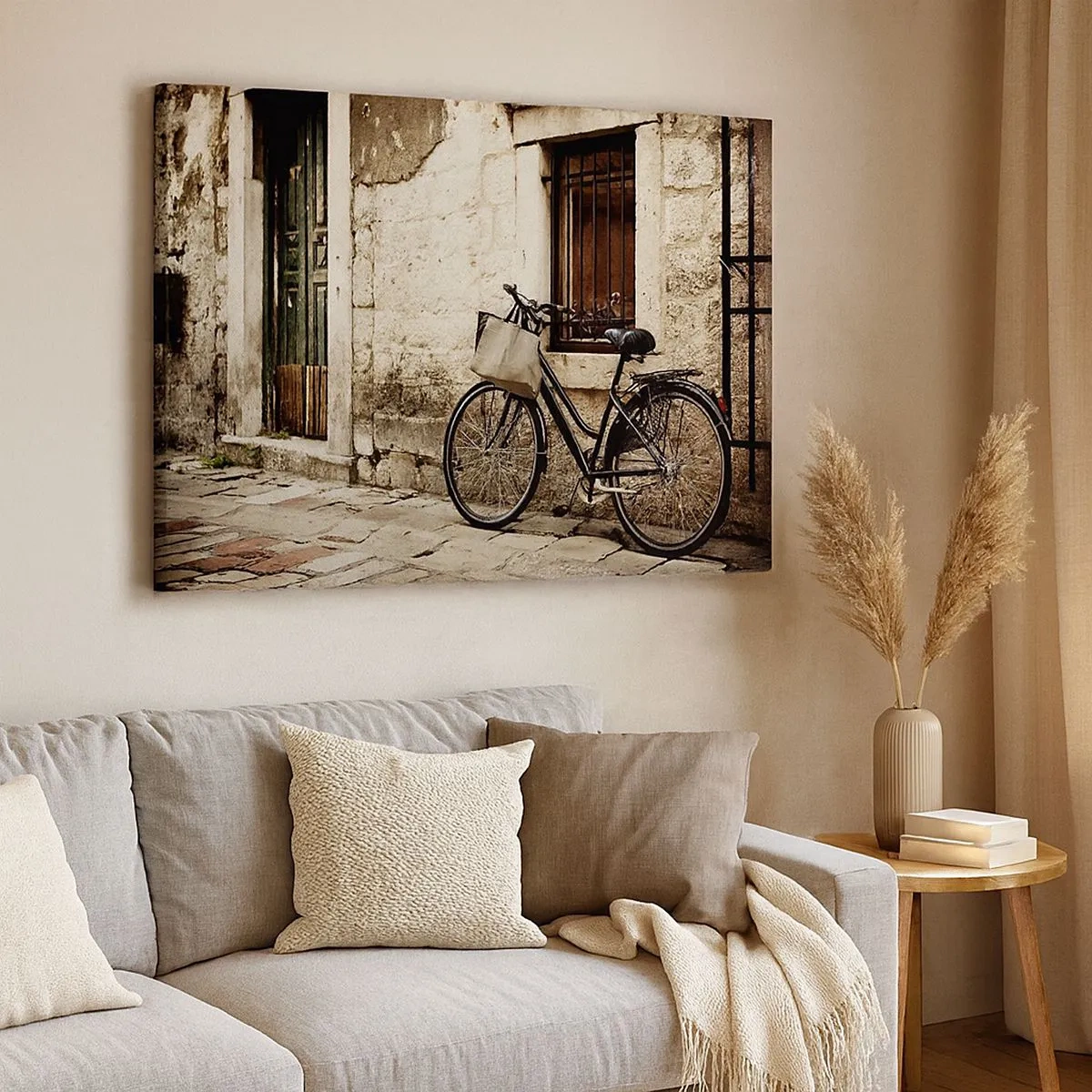 Bild auf Leinwand - Leinwandbild - Ein Fahrrad vor einer Steinmauer mit Fenster und Tür im Retro-Stil - 70x50cm - Zurück in die Vergangenheit - Moderne Wanddekoration für Wohnzimmer und Schlafzimmer ARTTOR