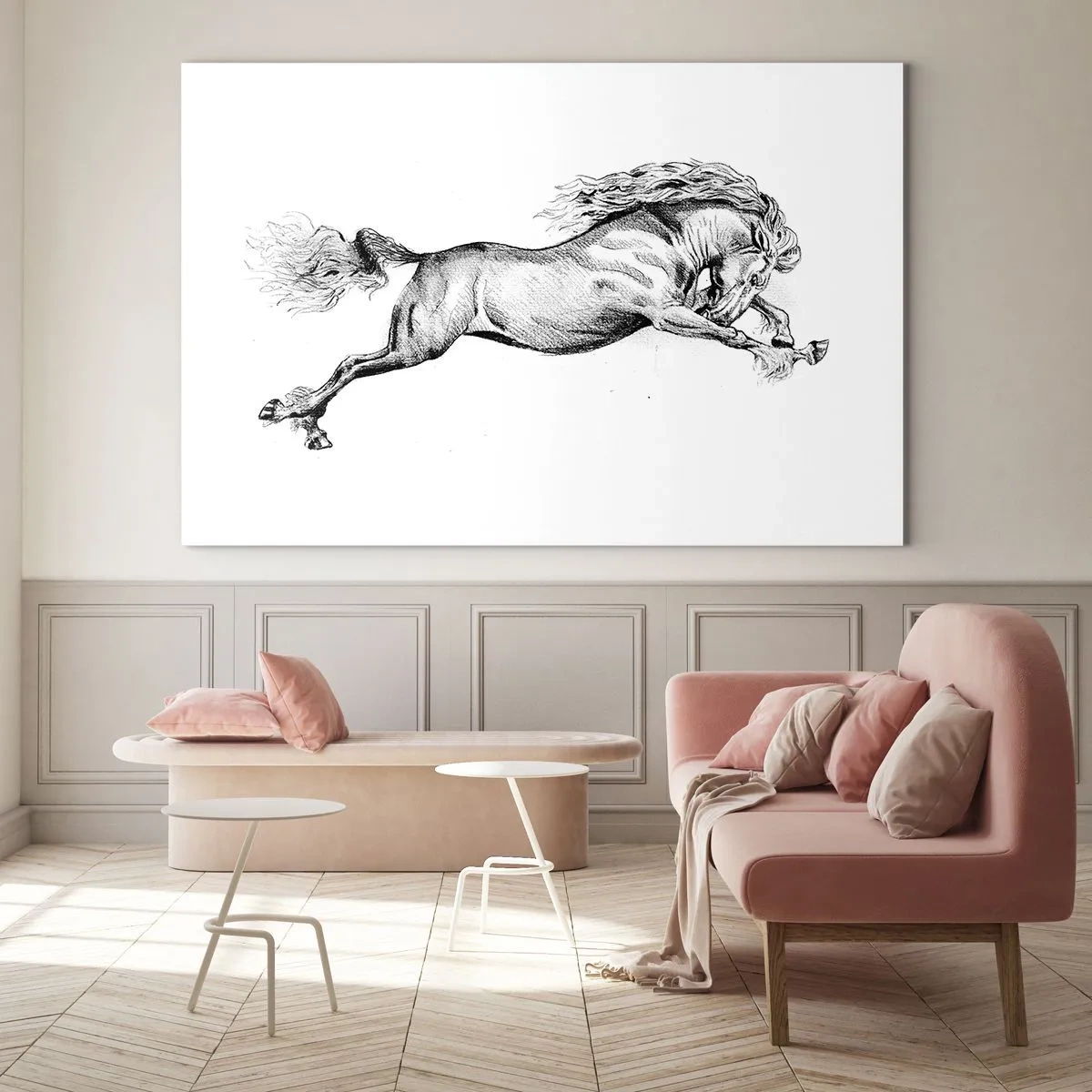Glasbild - Bild auf glas - Schwarz-Weiß-Zeichnung eines galoppierenden Pferdes - 120x80cm - Im Galopp festgehalten - Moderne Wanddekoration für Wohnzimmer und Schlafzimmer ARTTOR