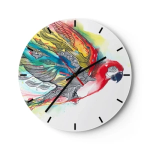 Wanduhr - Glasuhr - Ein Papagei in intensiven Farben mit dekorativen Mustern auf seinen Flügeln - 30x30cm - Leben Sie bunt - Moderne Wanddekoration für Wohnzimmer, Küche und Schlafzimmer ARTTOR