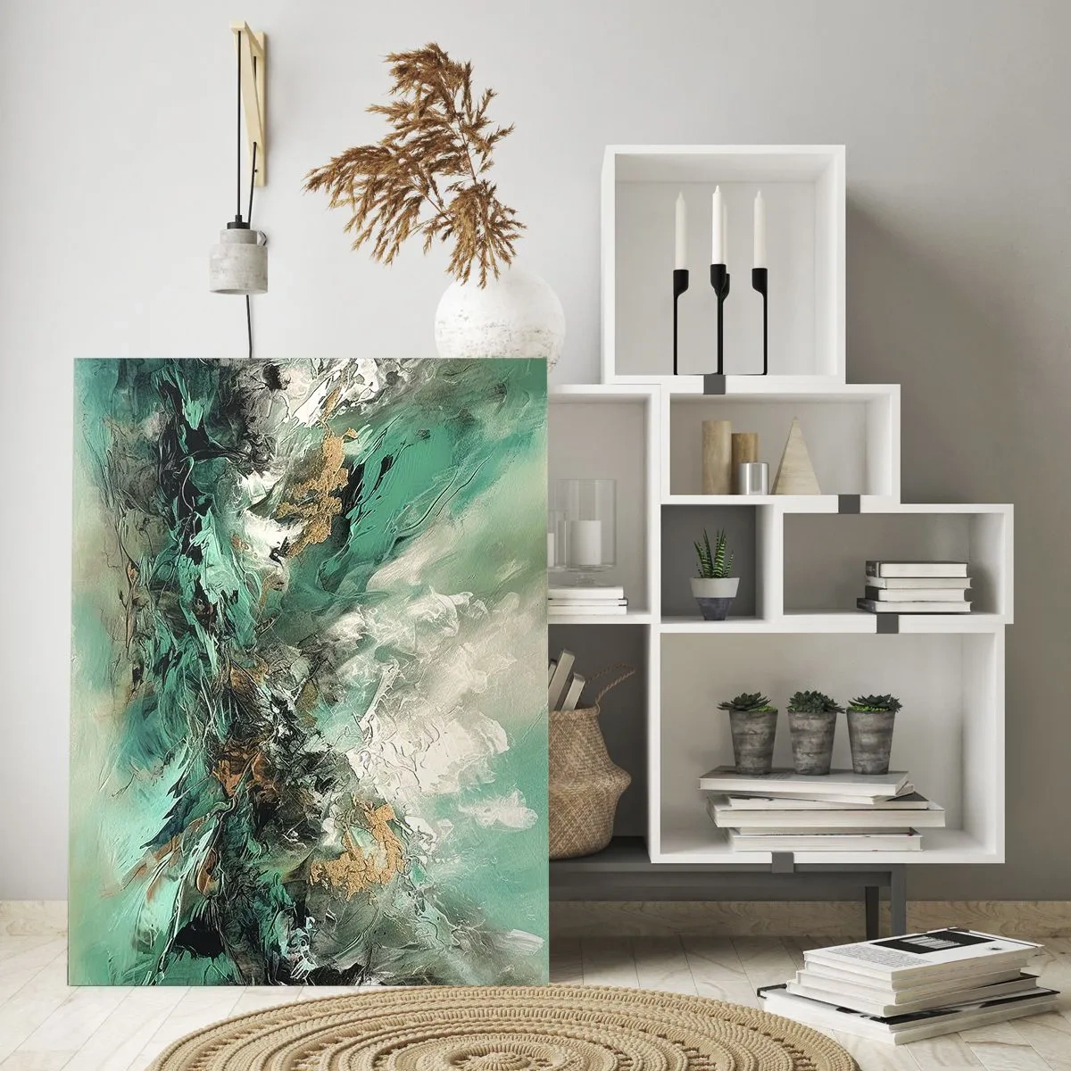 Glasbild - Bild auf glas - Abstrakte Landschaft in Grün- und Goldtönen - 80x120cm - Smaragdgrüne und schwarze Brandung - Moderne Wanddekoration für Wohnzimmer und Schlafzimmer ARTTOR