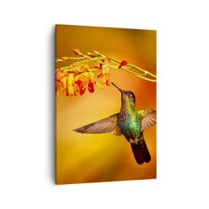 Bild auf Leinwand - Leinwandbild - Kolibri neben einer Blume im warmen Licht - 50x70cm - Ein Lichtbote nach den Maya - Moderne Wanddekoration für Wohnzimmer und Schlafzimmer ARTTOR