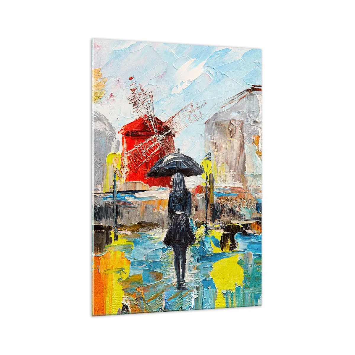 Glasbild - Bild auf glas - Eine malerische Szene mit einem Regenschirm vor der Kulisse von Paris in leuchtenden Farben. - 70x100cm - Pariser Legenden - Moderne Wanddekoration für Wohnzimmer und Schlafzimmer ARTTOR