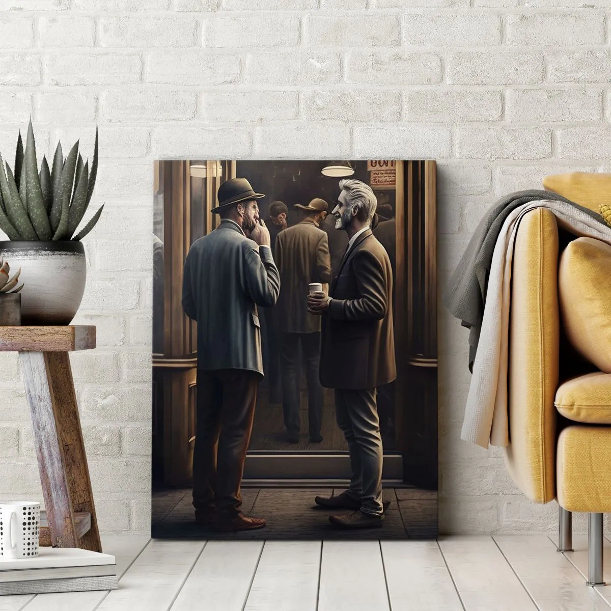 Bild auf Leinwand - Leinwandbild - Straßenszene mit Menschen vor einem Retro-Café - 70x100cm - Gute Zeit des Tages - Moderne Wanddekoration für Wohnzimmer und Schlafzimmer ARTTOR