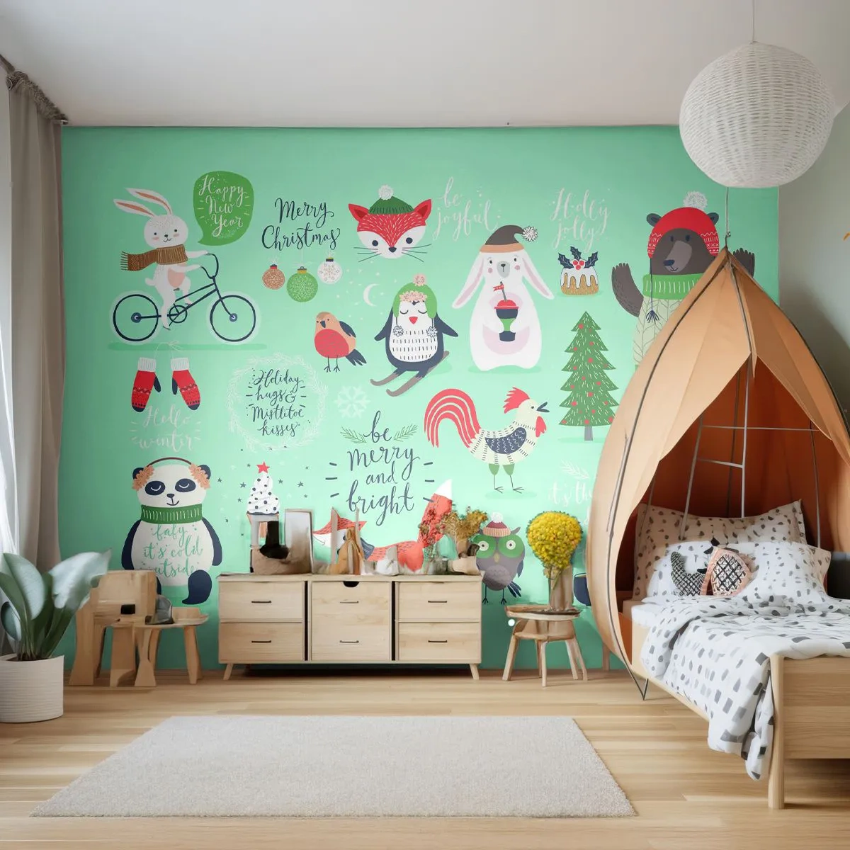 Fototapete Premium Sand - Weihnachtstierillustrationen auf pastellfarbenem Hintergrund - 100x70cm - Möge es immer Weihnachten sein! - Moderne Wanddekoration für Wohnzimmer und Schlafzimmer ARTTOR