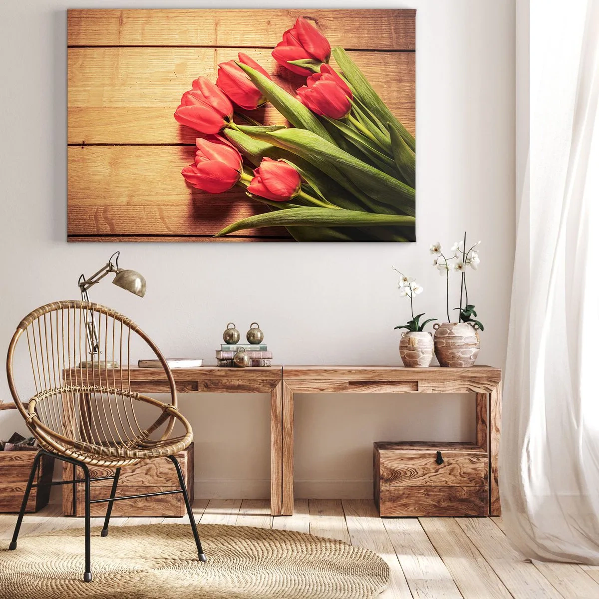Bild auf Leinwand - Leinwandbild - Ein Strauß rosa Tulpen auf einem hölzernen Hintergrund - 70x50cm - Frühlingsgeständnis - Moderne Wanddekoration für Wohnzimmer und Schlafzimmer ARTTOR