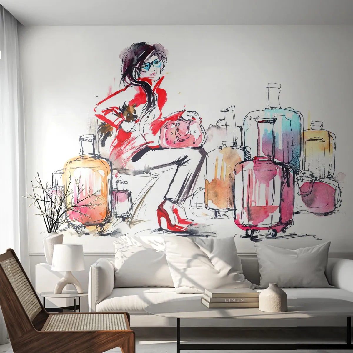 Fototapete Premium Sand - Stilvolle Frau reist mit bunten Koffern - 100x70cm - Setzen wir uns vor der Reise hin - Moderne Wanddekoration für Wohnzimmer und Schlafzimmer ARTTOR