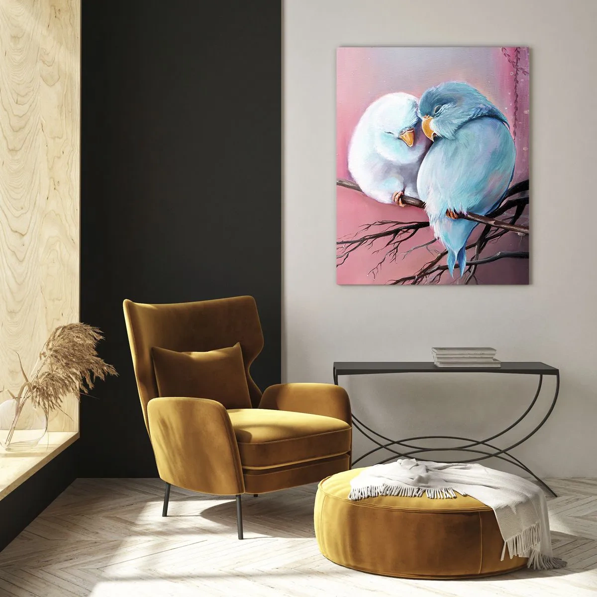 Glasbild - Bild auf glas - Zwei verliebte Vögel auf einem Ast auf rosa Hintergrund - 70x100cm - Was kann ich hier hinzufügen? ... - Moderne Wanddekoration für Wohnzimmer und Schlafzimmer ARTTOR