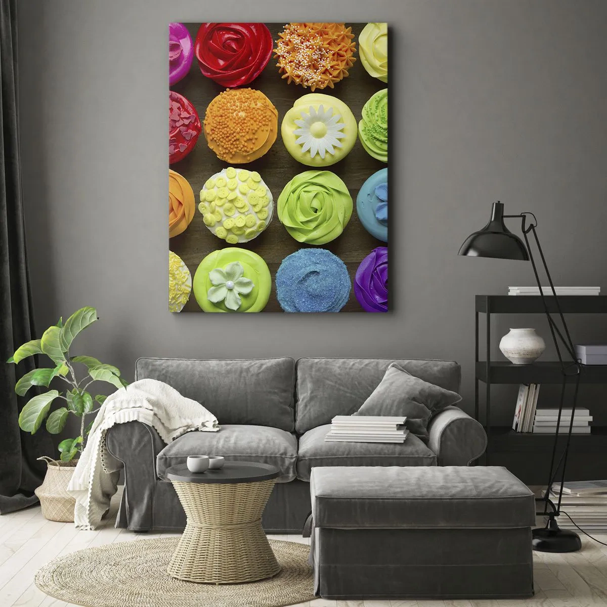 Bild auf Leinwand - Leinwandbild - Bunte Cupcakes mit pastellfarbenen Verzierungen - 70x100cm - Alles andere - alles lecker - Moderne Wanddekoration für Wohnzimmer und Schlafzimmer ARTTOR