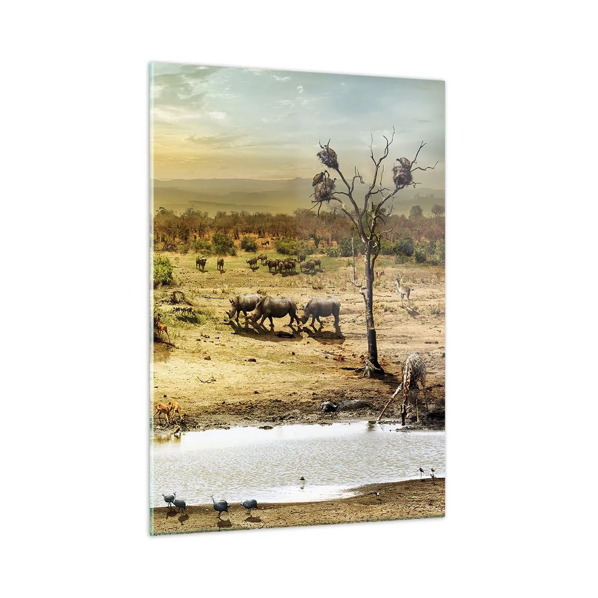 Glasbild - Bild auf glas - Elefanten und Tiere an einer Wasserstelle vor dem Hintergrund einer afrikanischen Landschaft - 50x70cm - Ein Fluss floss aus Eden ... - Moderne Wanddekoration für Wohnzimmer und Schlafzimmer ARTTOR