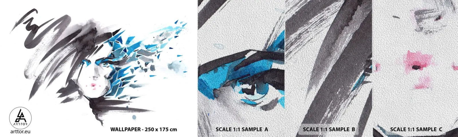 Fototapeten Muster Premium Sand - Sinnliches Portrait in Grau und Blau - Frau, Das Gesicht einer Frau, Abstraktion - 100x30 cm