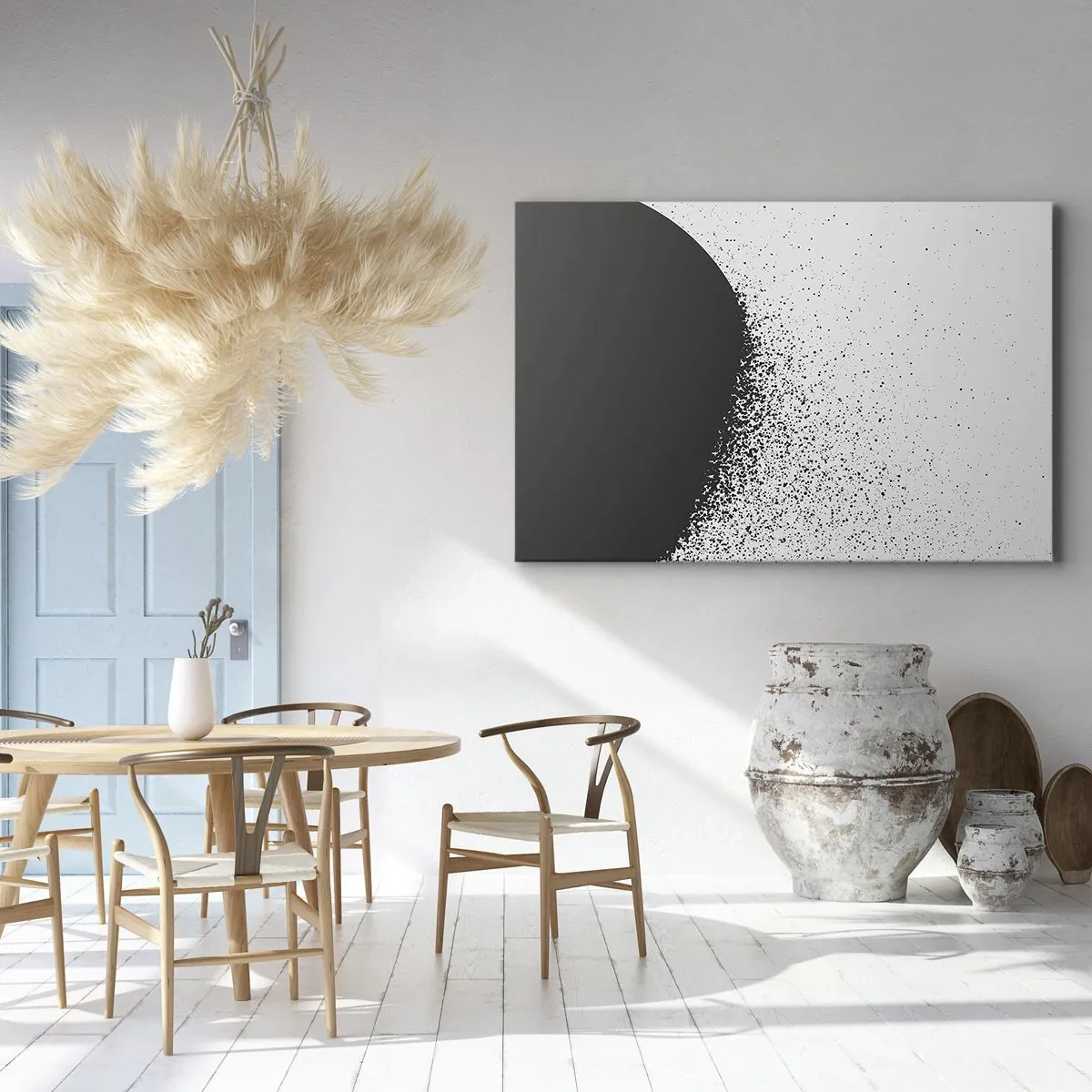 Bild auf Leinwand - Leinwandbild - Abstraktes Muster mit schwarzen Partikeln auf hellem Hintergrund - 70x50cm - Bewegung von Molekülen - Moderne Wanddekoration für Wohnzimmer und Schlafzimmer ARTTOR