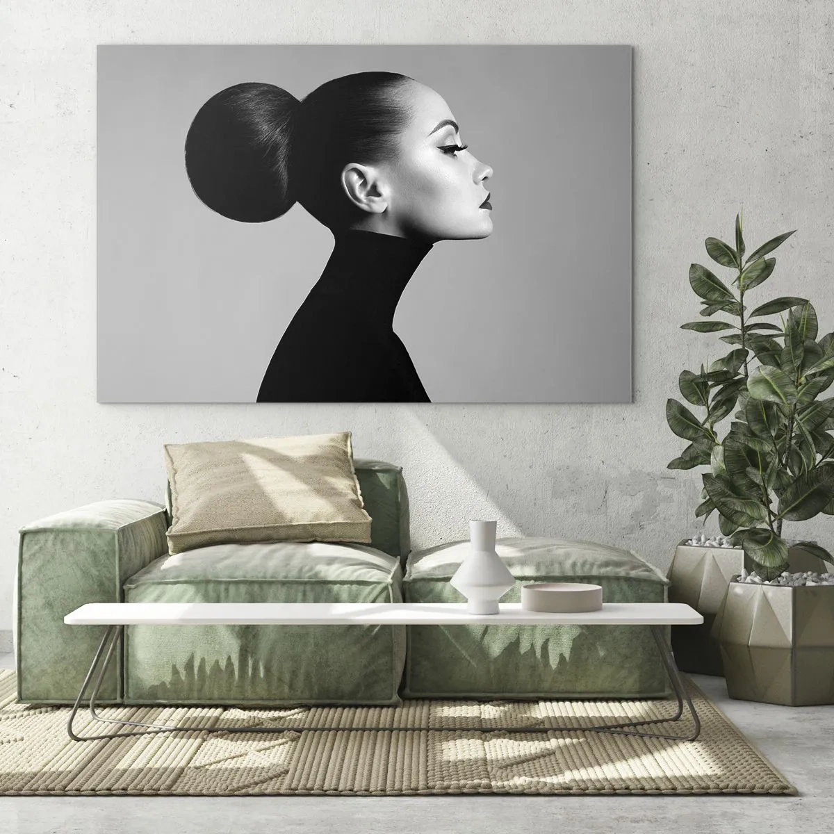 Glasbild - Bild auf glas - Stilvolle Frau in Schwarz vor grauem Hintergrund - 70x50cm - Moderne Nofretete - Moderne Wanddekoration für Wohnzimmer und Schlafzimmer ARTTOR