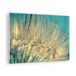 Glasbild - Bild auf glas - Makrofotografie eines Löwenzahns vor türkisfarbenem Hintergrund - 70x50cm - In Erwartung des Windes - Moderne Wanddekoration für Wohnzimmer und Schlafzimmer ARTTOR