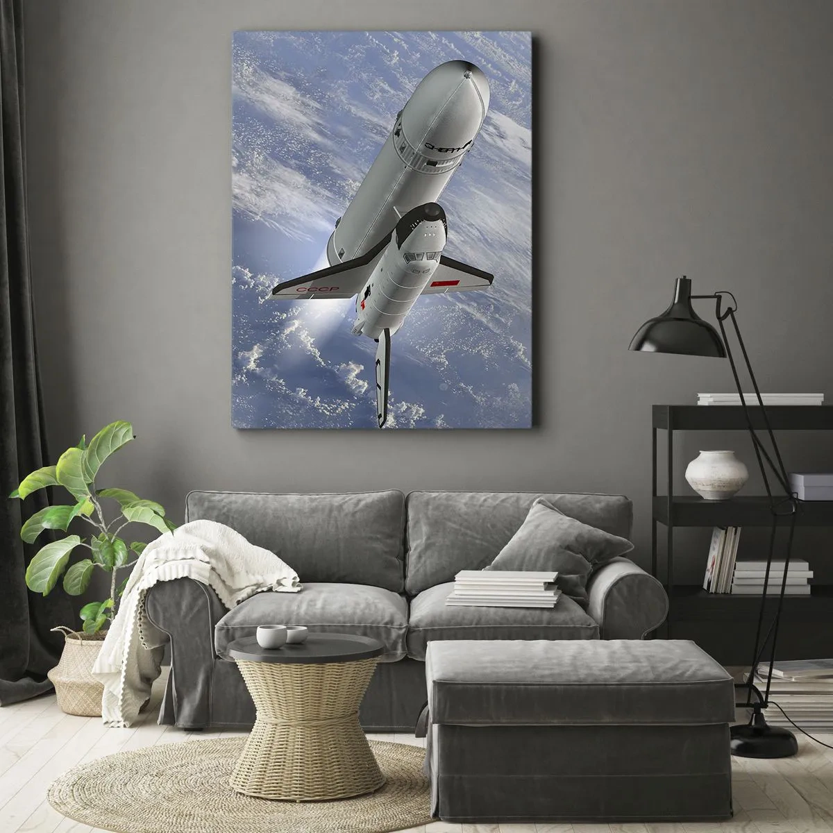 Bild auf Leinwand - Leinwandbild - Eine Weltraumrakete steigt vor dem Hintergrund der Erde auf - 70x100cm - Kosmischer Aufstieg - Moderne Wanddekoration für Wohnzimmer und Schlafzimmer ARTTOR