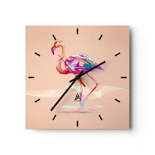 Wanduhr - Glasuhr - Ein abstrakter Flamingo in hellen Pastellfarben. - 30x30cm - Der Vogel der guten Gefühle - Moderne Wanddekoration für Wohnzimmer und Schlafzimmer ARTTOR