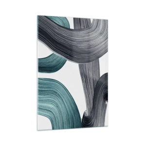 Glasbild - Bild auf glas - Fließende abstrakte Linien in Grün- und Grautönen - 70x100cm - Smaragdgrüne und schwarze Pfade - Moderne Wanddekoration für Wohnzimmer und Schlafzimmer ARTTOR