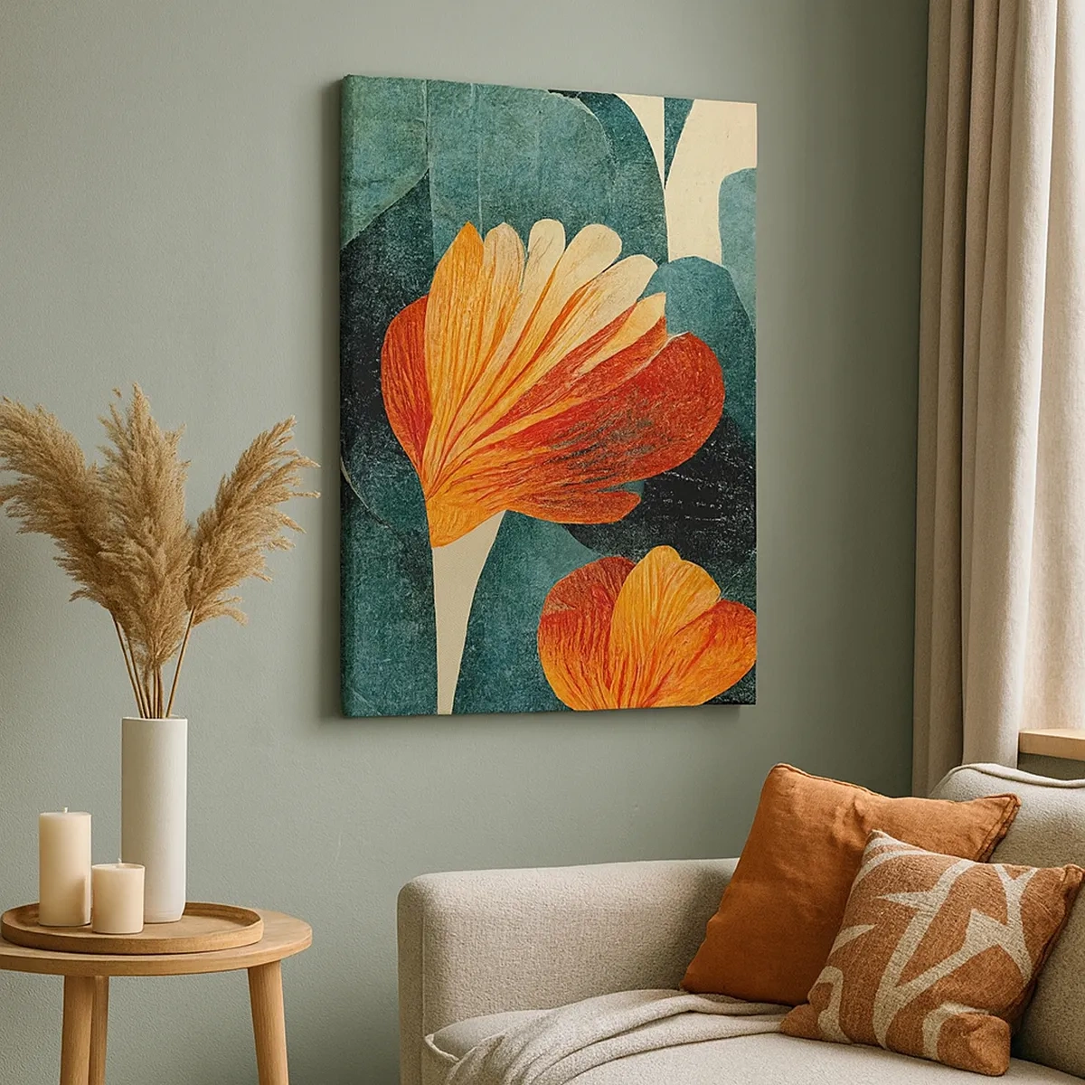 Bild auf Leinwand - Leinwandbild - Blüten in intensiven Orange- und Grüntönen - 50x70cm - Hitze der Tropen und Kühle des Grüns - Moderne Wanddekoration für Wohnzimmer und Schlafzimmer ARTTOR