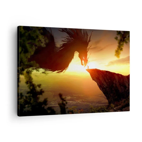 Bild auf Leinwand - Leinwandbild - Ein Drache und ein Mann auf einem Felsen im Schein der untergehenden Sonne - 70x50cm - Drachentöter - Moderne Wanddekoration für Wohnzimmer und Schlafzimmer ARTTOR