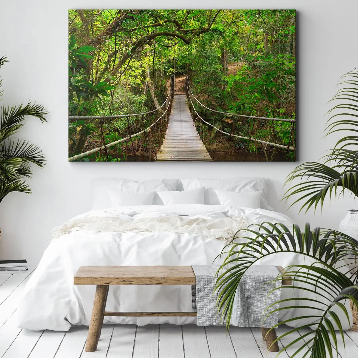 Bild auf Leinwand - Leinwandbild - Eine Hängebrücke umgeben von einem grünen Regenwald - 100x70cm - Denn im Garten gibt es eine Schlingpflanze - Moderne Wanddekoration für Wohnzimmer und Schlafzimmer ARTTOR