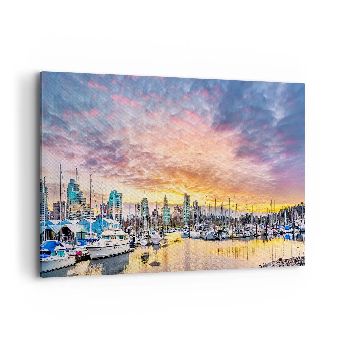 Bild auf Leinwand - Leinwandbild - Marina mit Yachten und Stadtbild bei Sonnenuntergang - 120x80cm - Die Stadt der tausend Seefahrer - Moderne Wanddekoration für Wohnzimmer und Schlafzimmer ARTTOR