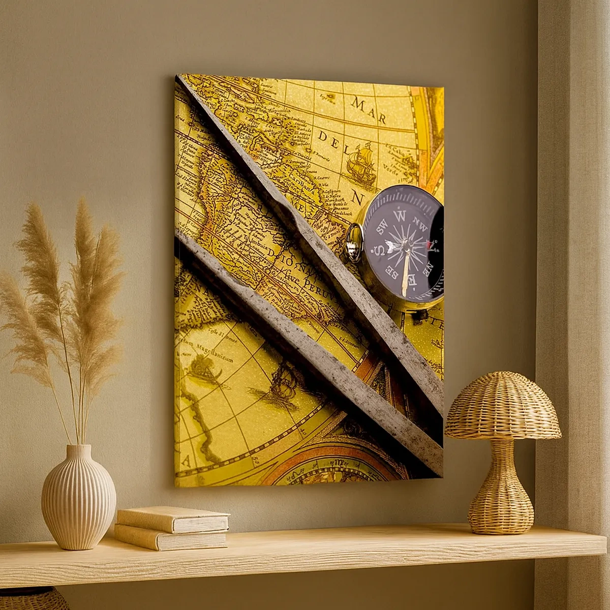 Bild auf Leinwand - Leinwandbild - Eine antike Weltkarte mit einem Kompass und einem Zirkel im Hintergrund - 50x70cm - Wo sind diese Schätze? - Moderne Wanddekoration für Wohnzimmer und Schlafzimmer ARTTOR