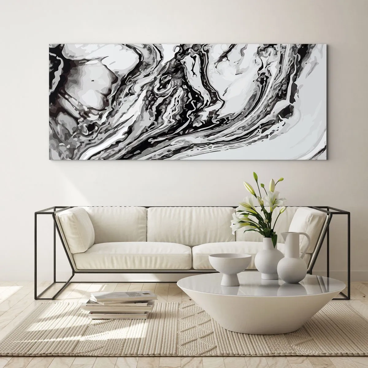 Glasbild - Bild auf glas - Abstraktes Marmormuster in Schwarz und Weiß - 120x50cm - Am Anfang war Chaos - Moderne Wanddekoration für Wohnzimmer und Schlafzimmer ARTTOR