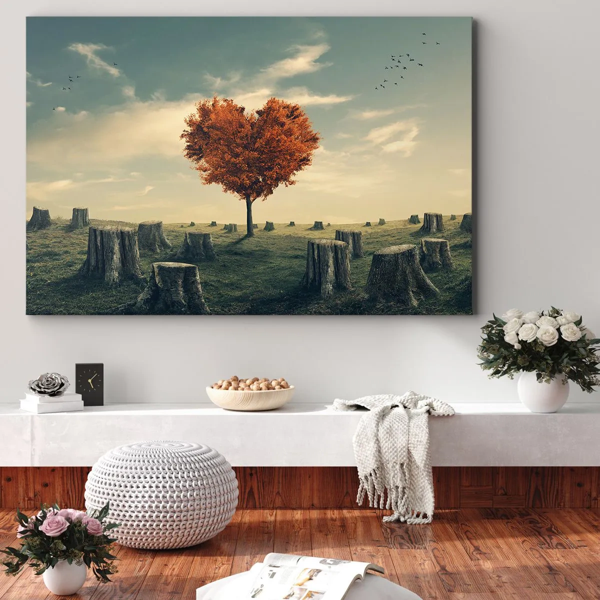 Bild auf Leinwand - Leinwandbild - Ein herzförmiger Baum in einem Feld aus Baumstümpfen, ein Symbol der Hoffnung - 120x80cm - Es gibt noch Hoffnung - Moderne Wanddekoration für Wohnzimmer und Schlafzimmer ARTTOR