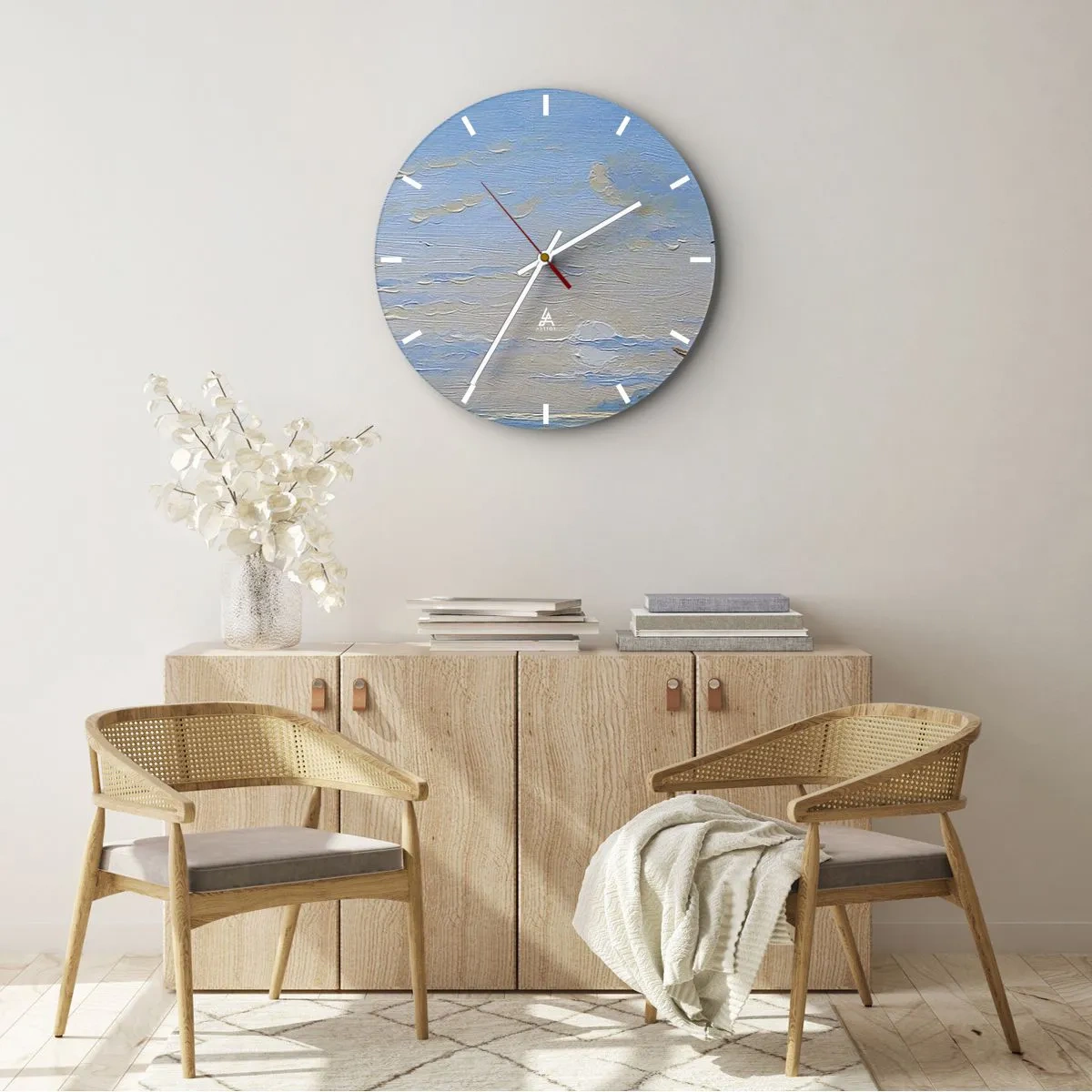 Wanduhr - Glasuhr - Ein Segelschiff am Ufer mit Menschen vor dem Hintergrund von Himmel und Meer - 30x30cm - Wasser, Land, Luft - Moderne Wanddekoration für Wohnzimmer, Küche und Schlafzimmer ARTTOR