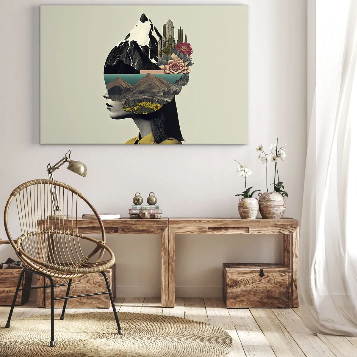 Bild auf Leinwand - Leinwandbild - Collage einer Frau mit Berglandschaft und Blumen - 70x50cm - Frau – bleibt immer ein Geheimnis - Moderne Wanddekoration für Wohnzimmer und Schlafzimmer ARTTOR