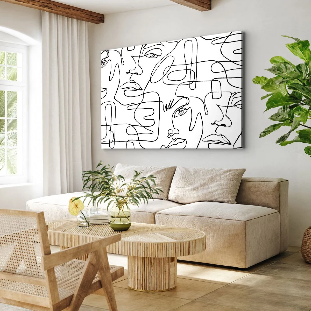 Bild auf Leinwand - Leinwandbild - Eine minimalistische Zeichnung eines Gesichts mit Linien auf hellem Hintergrund. - 120x80cm - In verworrenen Gefühlen - Moderne Wanddekoration für Wohnzimmer und Schlafzimmer ARTTOR