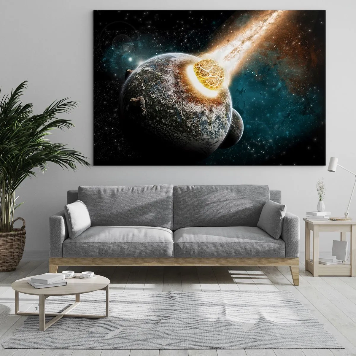 Glasbild - Bild auf glas - Ein Planet kollidiert mit einem Meteoriten - 70x50cm - Holocaust oder Geburt? - Moderne Wanddekoration für Wohnzimmer und Schlafzimmer ARTTOR
